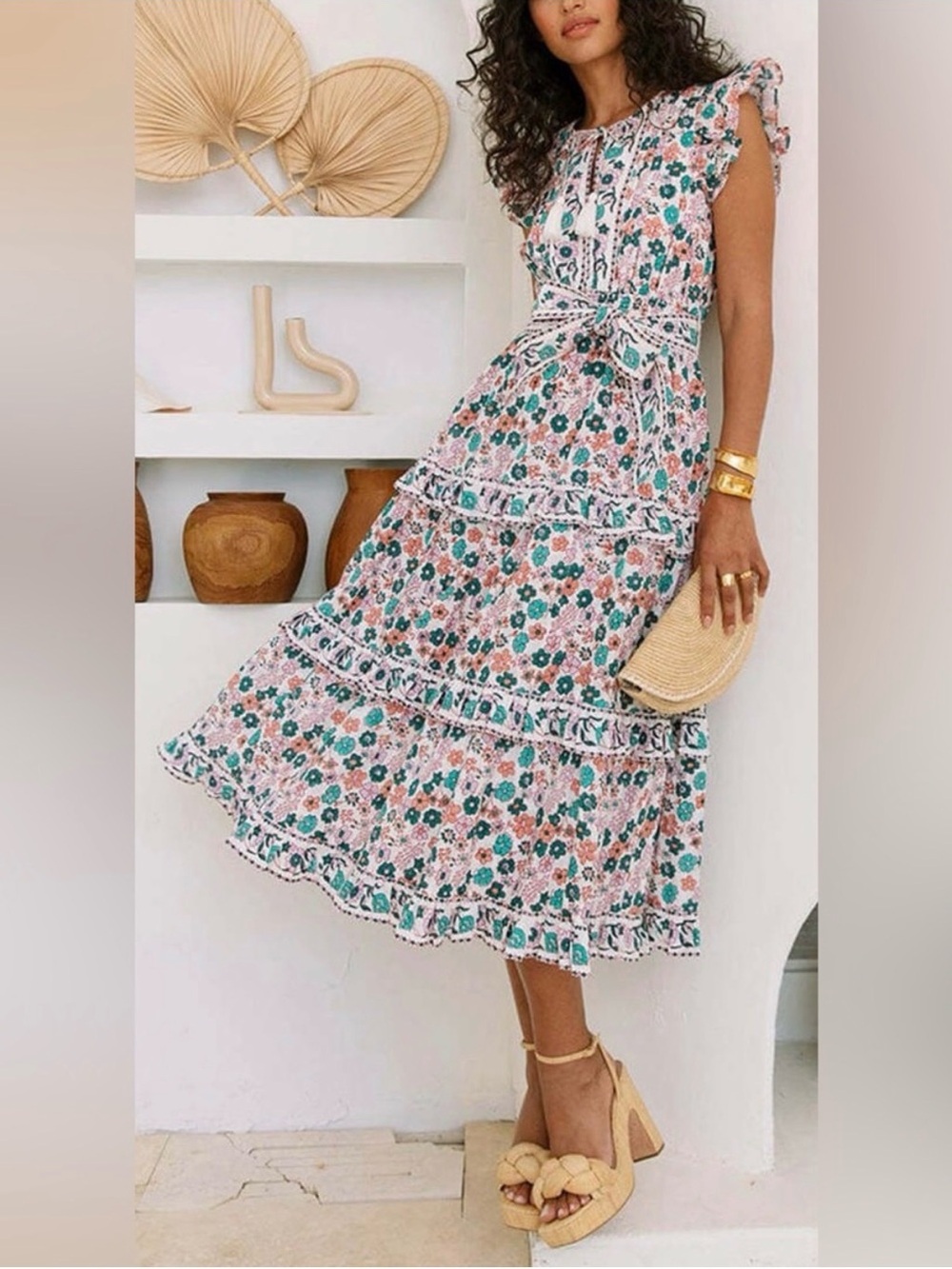 Cleobella Floral Tiered Midi Dress in Pink and Green